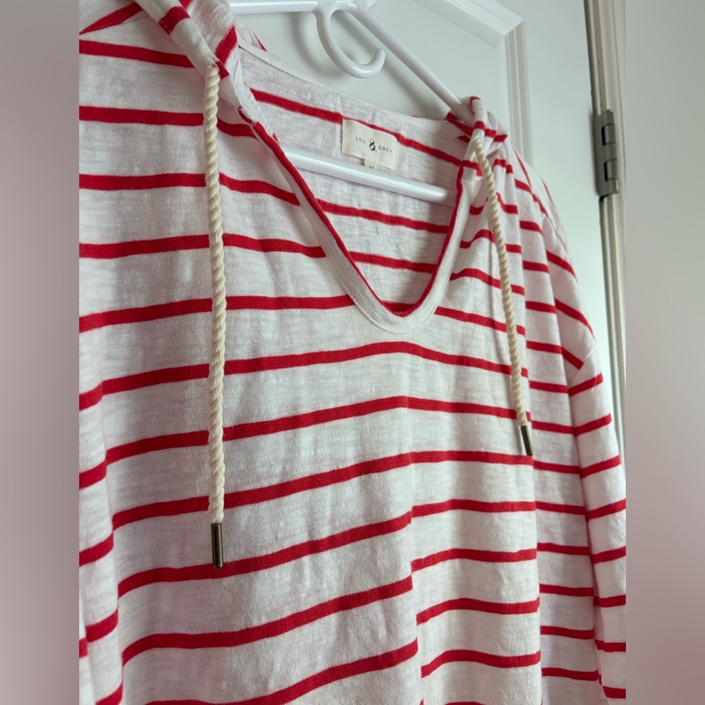 Lou & Grey Red and White Striped Lightweight Hooded Top - Picture 2 of 5